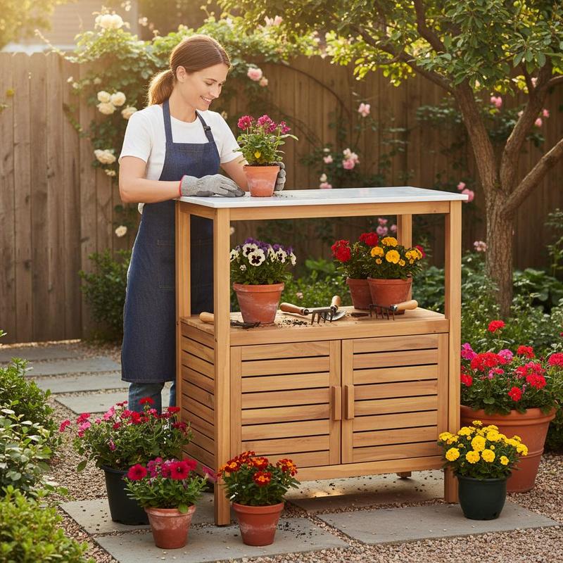 Woodworking Work Table - Outdoor Potting Bench Acacia Wood Garden